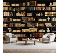 Vintage Bookshelf Dark Colors Wallpaper Paste The Wall 365x254cm(W x H) Modern Wall Mural Non-Woven Cute Animal Cats 3D Art Deco Wallpaper for Bedroom Living Room TV Backdrop