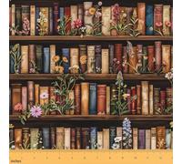 Vintage Bookshelf Fabric by The Yard,Rustic Daisy Flower Leaves Fabrics for Sewing Lover,Classic Books Soft Polyester Craft Fabric,Retro and Elegant 2 Yard No Stretch,72" L x 59" W