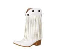 Vintage Booties With Fringes Women's Western Cowboy Boots Square Toe Ankle Boots With Block Heel Wide Shaft Slip-on Shoes With Rivet PU Leather Large Size Booties For Concert(White,6 UK)