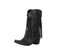 Vintage Booties With Fringes Women's Western Cowboy Boots Square Toe Ankle Boots With Block Heel Wide Shaft Slip-on Shoes With Rivet PU Leather Large Size Booties For Concert(Black,4 UK)