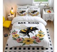 Vintage Botanical Bee Hand-Drawn Duvet Cover Set, Emphasizing Kindness & Life, Perfect for Single or Double Beds (01,Single135x200cm+65x65cm*2)