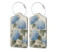 Vintage Botanical Blue Hydrangea Flowers Bouquet Luggage Tag for Suitcase 2 Pack Leather Luggage Tag with Privacy Flap Name Id Label and Metal Loop for Women Men Travel