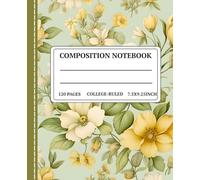 Vintage Botanical Composition Notebook: Pastel green Floral Print Cottage core Aesthetic Journal, Cute Notebook For Girls, Stitched Detail Effect, College Ruled Wide Lined