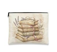 Vintage Botanical Cosmetic Bag, Classic Literature Makeup Pouch for Women, Portable Canvas Zipper Organizer, Perfect for Travel and Everyday Use, beige, 7x9 Inch, Books