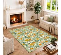 Vintage Botanical Floral Garden Marigold Victorian Area Rug 4' X 6' | Victorian Botanical Style, Intricate Leafy Vines, Cream Background, Farmhouse Entryway Decor, Spring Garden Atmosphere