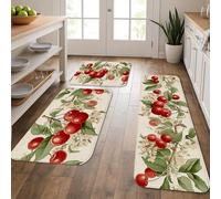 Vintage Botanical Kitchen Mats for Floor, Cherries Blossom Pattern Soft Mats, Cushioned Comfort Washable Non Slip Decor Rugs for Kitchen Sinks Laundryroom Bathroom 3Pcs