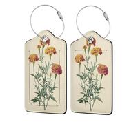 Vintage Botanical Marigold Flowers Luggage Tag for Suitcase 2 Pack Leather Luggage Tag with Privacy Flap Name Id Label and Metal Loop for Women Men Travel