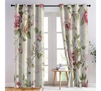 Vintage Botanical Print Curtains, W 66.5" x L 90" (2 Panels), Grommet Top Window Drapes for Bedroom Living Room, Floral Rose Decor Curtains, Thermal Insulated Blackout Pink Rose Window Curtain Cream