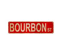 Vintage Bourbon St Street Sign Rustic Metal Tin Sign Home Outdoor Art Wall Decor 4x16 Inch (Red)