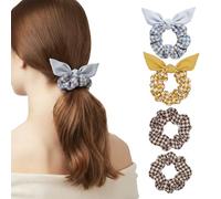 Vintage Bow Scrunchies for Women, Plaid Houndstooth Hair Ties, Elastic Ponytail Holders for Thick Thin Hair, Cute Girls Accessories, 4 Pcs Blue and Yellow
