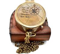 Vintage Brass Compass - “Not All Those Who Wander are Lost” Engraved Working Compass with Leather Case - Handmade Nautical Gift for Men, Husband, Son, Boyfriend, Graduation, Hiking, Camping, Travel
