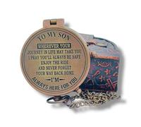 Vintage Brass Compass with Leather Case, to My Son Inspirational Message, Antique Style Chain Necklace, Decorative Gift 2 Inch