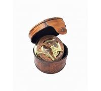 Vintage Brass & Copper Sundial Compass in Decorative Leather Case, Antique Brown, Maritime Navigation Tool with Engraved Design