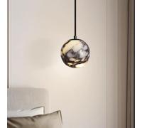 Vintage Brass Globe Pendant Light - Mid Century Marble Shade Chaner for Kitchen Island, Dining Room, Bedroom - Elegant Translucent Fixture (Gray)