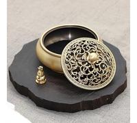 Vintage Brass Incense Burner, Hand-made Hollow Carved Lid, 3.5 x 1.2 in Solid Copper Censer for Indoor Aromatherapy, Yoga Meditation, Sandalwood Cone Holder with Fireproof Cotton, Home Decor Present