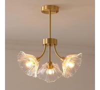 Vintage Brass Lotus Flower Ceiling Light Fixtures 3-Light Large Glass Leaf Chandelier d Antique Nordic Close to Ceiling Lamp for Bedroom Kitchen Dining Room Living Room Laundr