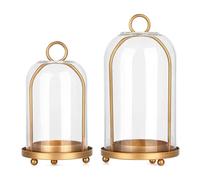 Vintage Brass Metal Candle Lantern with Thick Glass Dome - Set of 2 Shabby Chic Style Candle Holders (5.25"x10" & 4.5"x7.87") - Hanging or Tabletop Decor for Pillar Candles, Plants