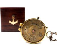 Vintage Brass Perpetual Calendar Compass - Antique Nautical Navigation Instrument with Wooden Box and Chain - Decorative Collectible Gift