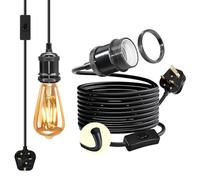 Vintage Brass Plug in Hanging Light Fixture, 5 M Pearl Black Pendant Light Fitting, Thicken Round Cable Hanging Lamp,Copper E27 Lamp Holder with Switch,Industrial Plug in Ceiling Lighting for Loft