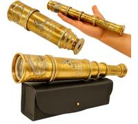 Vintage Brass Spyglass Telescope - Nautical Pirate Monocular Collapsible Scope with Leather Case - Handheld Maritime Optical Brass Scope - Antique Gift for Explorer, Boyfriend, Dad, Kids