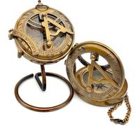 Vintage Brass Sundial Compass, Antique Maritime Navigation Device, Gold-Tone, Chain-Linked Folding Design, Decorative Nautical Collection Piece