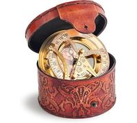 Vintage Brass Sundial Compass with Antique Leather Case, Decorative Maritime Navigation Tool, Roman Numeral Design