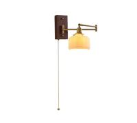 Vintage Brass Swing Arm Wall Lamp with Pleated Glass - Nordic Farmhouse Pull Chain Sconce for Bedroom, Living Room, Hotels