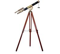 Vintage Brass Telescope Black Leather Coverd Tube Antique Brass Nautical Functional Marine Floor Standing Wooden Tripod Double Barrel Collectible Retro Telescope.