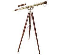 Vintage Brass Telescope Shiny Finish Double Barrel Antique Adjustable Wooden Floor Standing Tripod Brown Leather Half Moon Design Handcrafted Home & Office Decorative