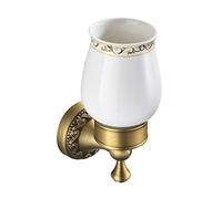Vintage Brass Toothbrush Holder Wall Mounted Single Cup Organizer with Porcelain Insert Antique Bathroom Storage