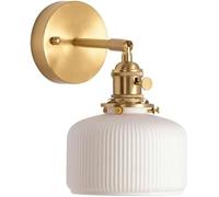 Vintage Brass Wall Sconce Milk Glass Shade Bedroom Wall Mounted Light Coastal Nordic Vanity Light White Farmhouse Ribbed Glass Gold Wall Lamp for Kids Bedside Living Room Porch Entrance