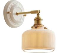 Vintage Brass Wall Sconce with Milk Glass Shade - French Country Wall Light Fixture for Bedroom, Coastal Decor, White Ribbed Glass & Gold Finish - Elegant Wall Mount Lighting