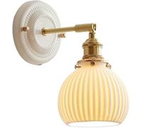 Vintage Brass Wall Sconce with Milk Glass Shade - French Country Wall Mounted Light Fixture for Bedroom, Coastal Decor - Elegant White Ribbed Glass & Gold Wall Lamp