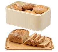 Vintage Bread Bin with Bamboo Cutting Board Lid, Metal Airtight Bread Box for Kitchen Counter, 30.5×18.5×12.5cm Breads Storage Container for Homemade Breads, Toast, Bagel, Donut and Cookies(Beige)