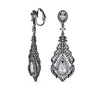 Vintage Bridal Art Deco Style Cubic Zirconia Halo Leaf Teardrop Long Statement CZ Chandelier Dangle Clip On Earrings For Women Prom Black Plated Brass