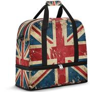 Vintage British Flag Travel Duffel Bag for Women Men, Union Jack Foldable Sports Gym Bag Weekend Overnight Totes Carry on Cabin Bag with Shoes Compartment