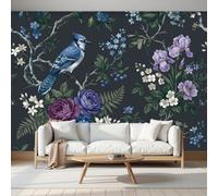 Vintage British Floral Wall Mural Wallpaper, Blue-Crowned Jay Rose Wildflower Panoramic Wallpaper for TV Backdrop, Large Wall Mural for Living Room Bedroom Office Decoration, 200 x 140cm (W x H)