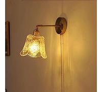 Vintage Bronze Wall Sconce Brass Small Wall Light with Pull Cord Switch - Headboard Lamp Pressed Patterned Glass Retro Reading Lighting Fixture for Bedroom, Bathroom, Doorway, Foyer, Hallway Light