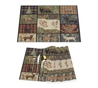 Vintage Brown Forest Animal Deer Bear Plaid Vinyl Placemats Set of x4 for Dining Tables,Kitchen Table Mats Heat Resistant Washable Wipeable PVC Place Mat
