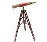 Vintage Brown Leather Brass Telescope on Table Tripod Stand Antique Desktop Office for Explorers, Collectors & Home Decor.