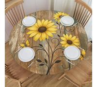 Vintage Brown Wooden Board Yellow Daisy Floral Round Tablecloth Farmhouse Table Cover with Elastic Edge Washable Fitted Table Cloth for Kitchen Patry Outdoor Decor Fits 45"-50", Medium
