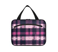 Vintage Buffalo Plaid Checked Hot Pink Navy Blue Cows Hanging Travel Toiletry Bag with Hook, Designer Portable Travel Bag Toiletry for Traveling Women Toilet envase para Perfume de L