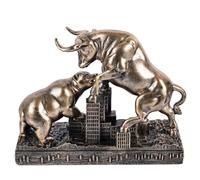Vintage Bull and Bear Statue, Bull vs Bear Figurine, Stock Market Statue on City Skyline Base, Wall Street Decor Finance Office Decor, Desk Ornament, Investor Trader Gift for Home Office (Bronze)