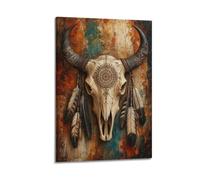 Vintage Bull Skull With Feathers Canvas Wall Art Poster, Southwest Native Western Art Print, Rustic Tribal Artwork Decor for Living Room Cabin Office 24x36inch