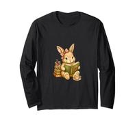 Vintage Bunny Reading Book Lovers Animal Graphic Tee Long Sleeve T-Shirt