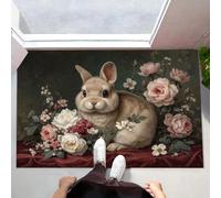 Vintage Bunny Rose Rug for Entryway, 60 x 120 cm Washable Small Rugs Non Slip Classical Still Life Oil Painting Front Door Mat Dirt Trapper Doormat for Girls Bedroom, Welcome Entrance, Bathroom, Green