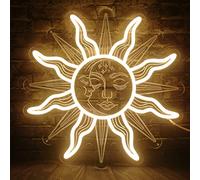 Vintage Burning Sun and Moon Neon Sign Light - 3D Boho Aesthetic Room Decor Celestial Mystic Sun Moon LED Sign Light w/Closed Eyes Psychedelic Hippy Wall Art for Home Bedroom Man Cave Gift - 12"