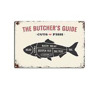 Vintage Butcher Guide Metal Tin Sign Cuts of Fish Tin Sign Retro Wall Art Sign for Home Kitchen Restaurant Bar Wall Decor 8x12 Inch