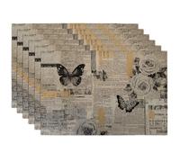 Vintage Butterfly and Floral Placemats, Black White Country Style Place mats for Dining Table, Non-Slip Washable Indoor Outdoor Party Decorative Placemat Set of 6