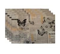 Vintage Butterfly and Floral Placemats, Black White Country Style Place mats for Dining Table, Non-Slip Washable Indoor Outdoor Party Decorative Placemat Set of 4